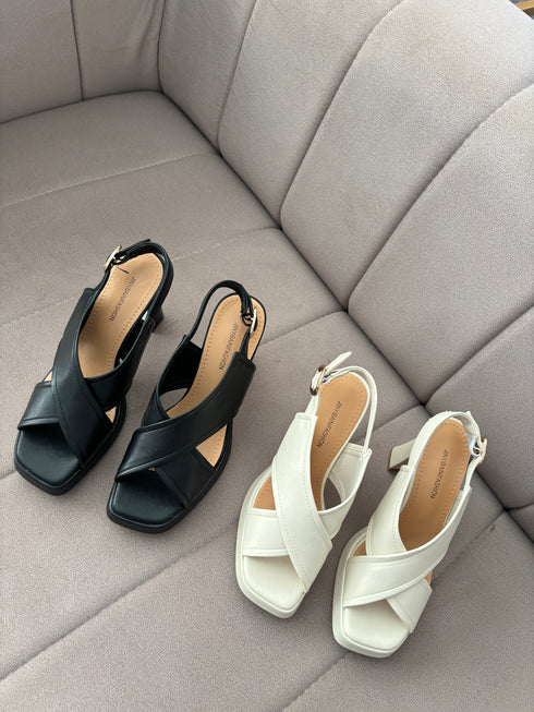 Women Peep Toe Cross Buckle Straps Block Heels